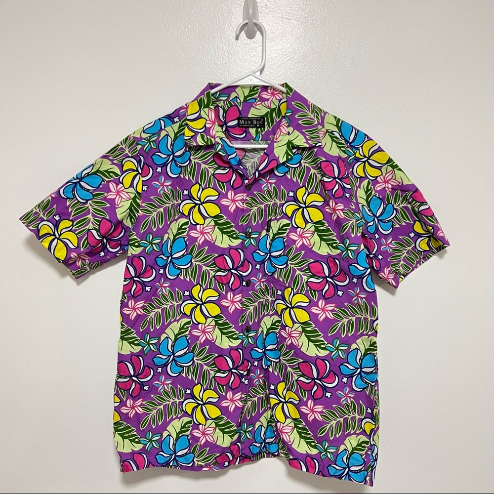 Max Boy Purple Floral Hawaiian Button Down Shirt